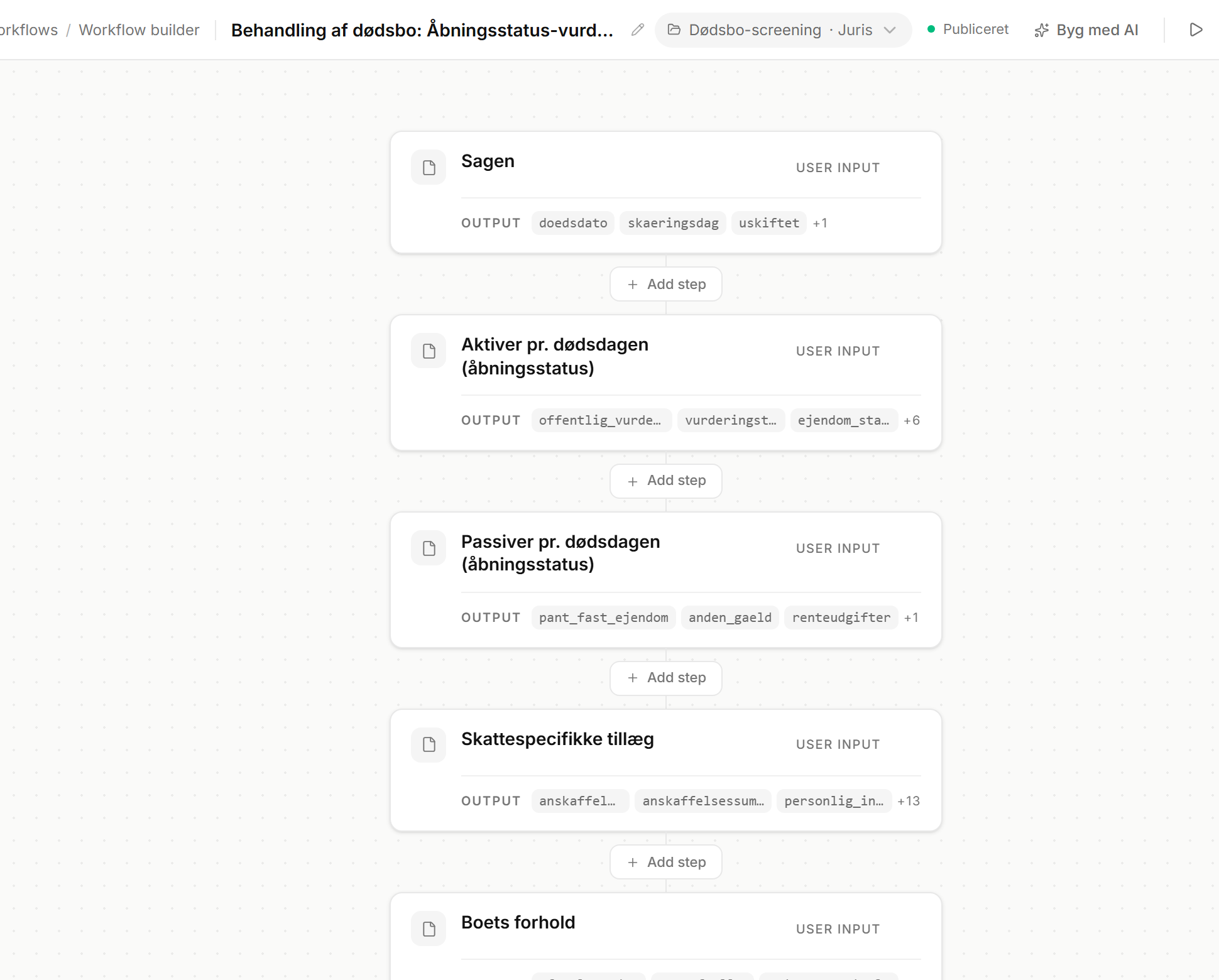 Workflow-builderen i Juris med trin, input og output