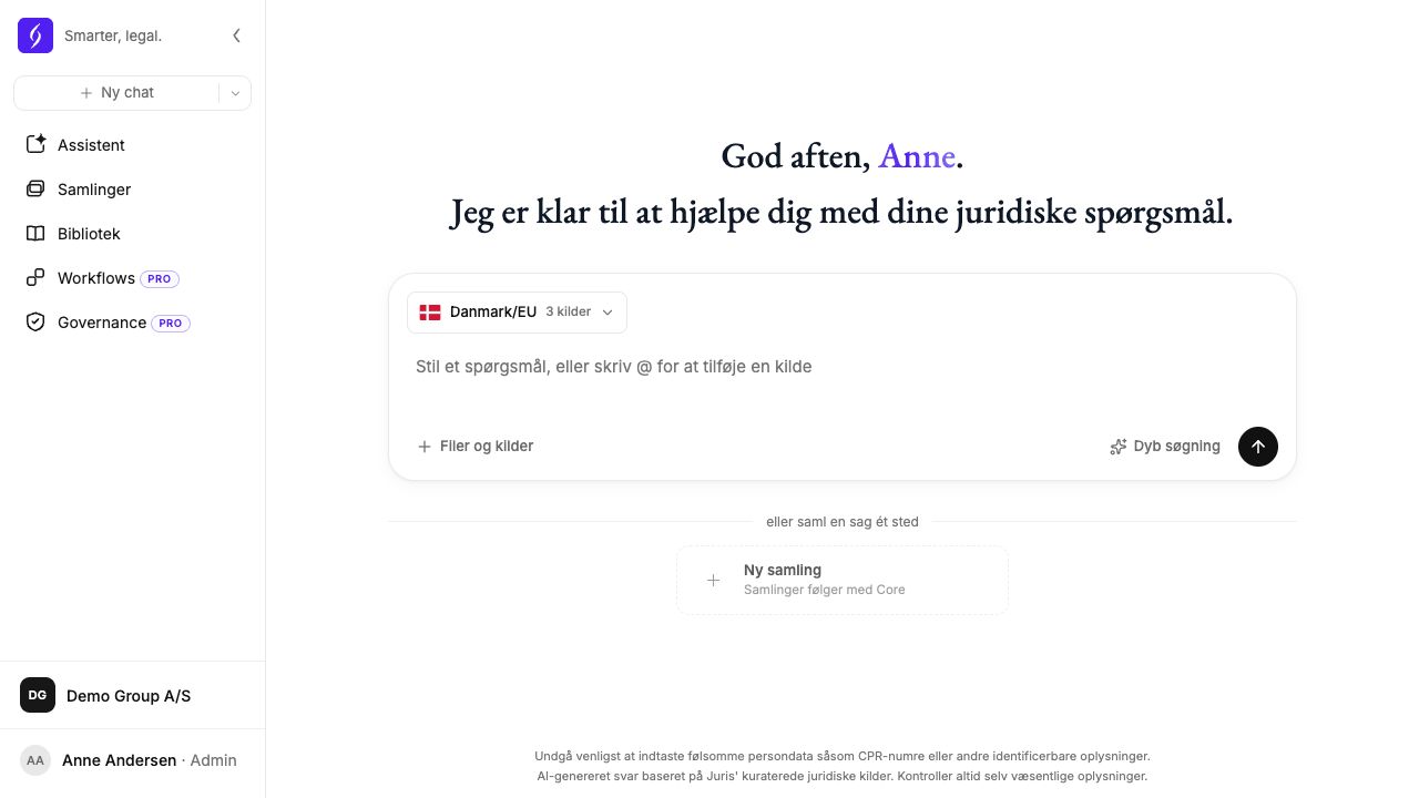 Assistentens startskærm i Juris med valg af juridiske kilder, dyb søgning og adgang til organisationens arbejdsområder